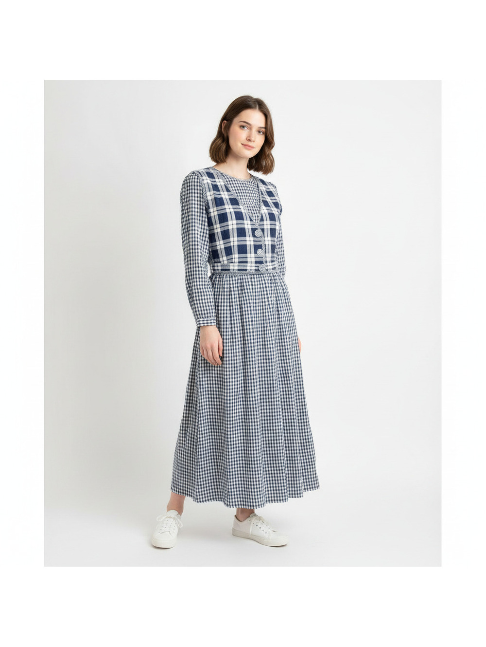 90’s jbs picnic prarie core modest church romantic dress blue chec vest maxi